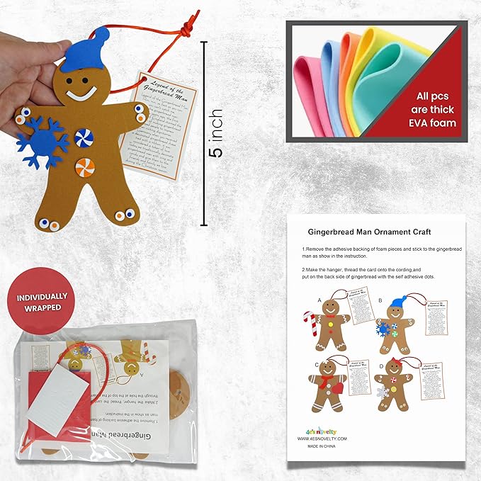 4E's Novelty Legend of Gingerbread Man Ornament Craft - 12 Pack Bulk Foam Christmas Ornaments Set, Ages 3-12, Self-Adhesive, DIY Ornaments for Christmas Tree, Classroom Art Project