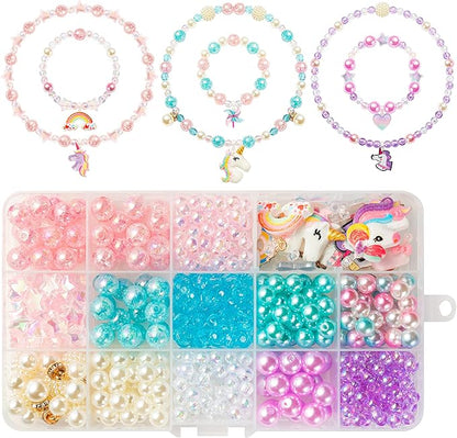 OSNIE Unicorn DIY Bead Jewelry Making Kit for Kids Girls with Unicorn Rainbow Heart Bow-Knot Lollipop Crown Key Charms Beads for Bracelets Rings Necklaces Creativity Beading Kits Art Craft, 400Pcs+