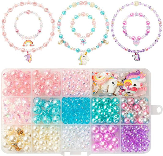 OSNIE Unicorn DIY Bead Jewelry Making Kit for Kids Girls with Unicorn Rainbow Heart Bow-Knot Lollipop Crown Key Charms Beads for Bracelets Rings Necklaces Creativity Beading Kits Art Craft, 400Pcs+