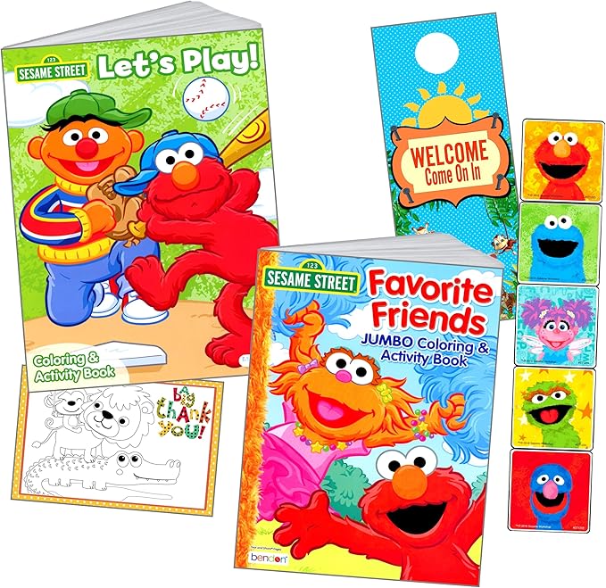 Sesame Street Coloring and Stickers Activity Set - Bundle Includes Sesame Street Stickers, Sesame Street Coloring Book, Door Hanger Craft, and Thank You Postcard Craft