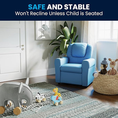 Flash Furniture Vana Vinyl Kids Recliner with Cup Holder, Headrest, and Safety Recline, Contemporary Reclining Chair for Kids, Supports up to 90 lbs., Light Blue