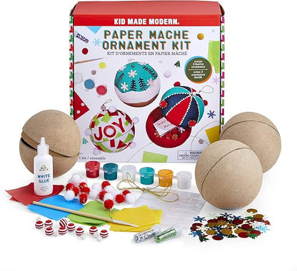 Kid Made Modern Handmade Ornament Paper Mache Kit for Holiday Crafts, Create Custom Christmas Tree Decorations with Paint, Glitter, Glue, and More, Ideal for Kids Ages 6+ and Adults