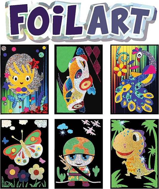 VHALE Foil Art Craft Kit 6 Pack Sticker Picture (9.5 x 6.5 inch), 48 Foil Sheets and 6 Skewers, Peel and Paste Sparkly Foil Art, Classroom Arts and Crafts, Great Travel Toys, Kids Party Favors