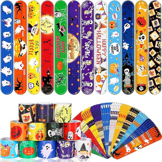 JUNEBRUSHS 56 Pack Halloween Slap Bracelets for Halloween Slap Bands Wristband Halloween Party Favors Snap Bracelets Bulk for Birthday Gifts Toys Party Bag Fillers