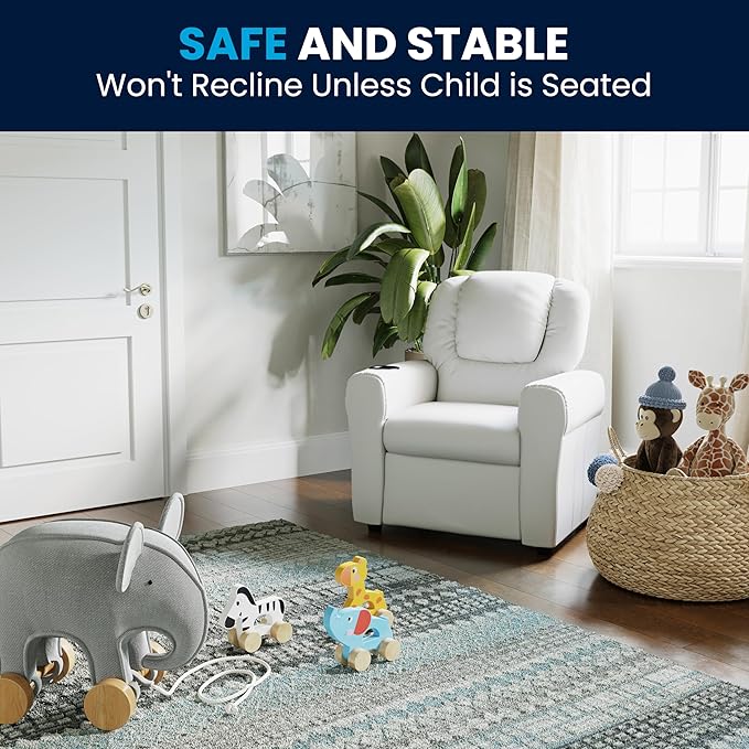 Flash Furniture Vana Vinyl Kids Recliner with Cup Holder, Headrest, and Safety Recline, Contemporary Reclining Chair for Kids, Supports up to 90 lbs., White