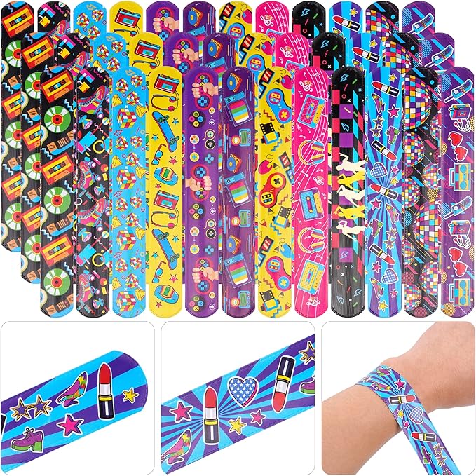 144 Pcs 80s 90s Party Favors Slap Bracelets 80s Wristbands Bracelets Back to 80s 90s Throwback Theme Party Decorations Slap Bracelets Retro Cute Cassette Tape for 80s Adults Birthday Party Supplies