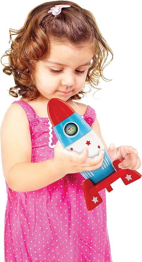 Wooden Stacker Toy Space Rocket - 6 Magnetic Stacking Pieces - Magnet Building Set with Surprise Astronaut Inside, Fun Hands On Game for Kids, All Natural Wood Set, Childrens Interactive Play Gift