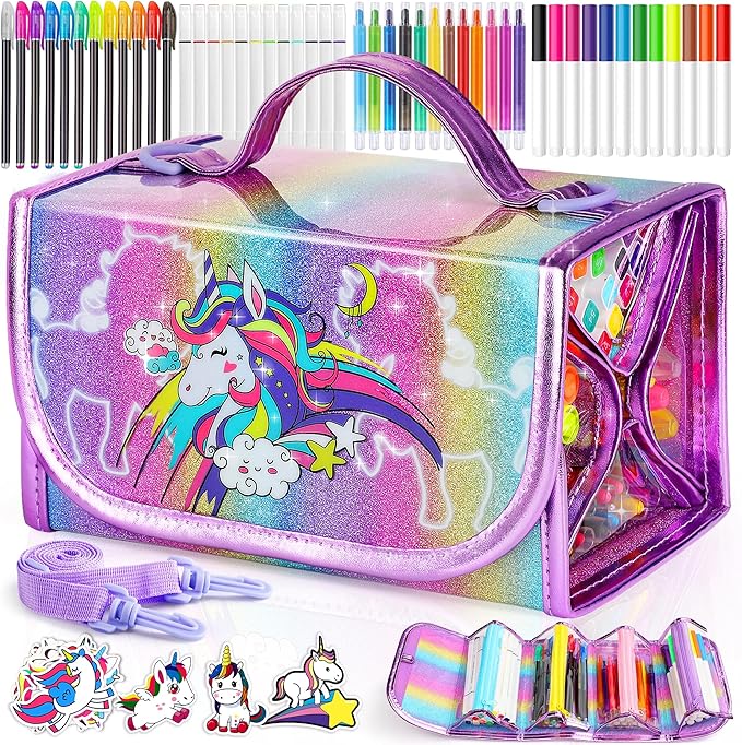 beefunni Unicorn Markers Set for Kids, Arts Supplies 67 pcs with Glitte Pencil Case and Strap, Birthday Gift for Girls 4 5 6 7 8 Years Old, Arts and Crafts Coloring Set for Kids 4-8