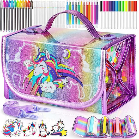 beefunni Unicorn Markers Set for Kids, Arts Supplies 67 pcs with Glitte Pencil Case and Strap, Birthday Gift for Girls 4 5 6 7 8 Years Old, Arts and Crafts Coloring Set for Kids 4-8