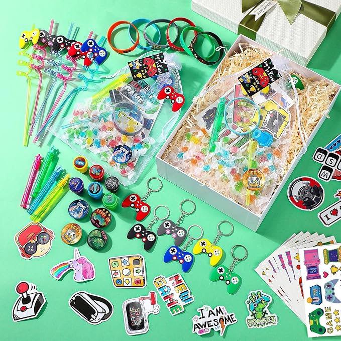 HyDren 194 Pcs Video Game Party Favors Set Include Gift Bags Reusable Straws Bubble Wands Bracelet Keychain Badge Stamps Tattoo Stickers Gift Tags for Kids Birthday Party Supplies