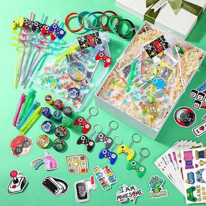 HyDren 194 Pcs Video Game Party Favors Set Include Gift Bags Reusable Straws Bubble Wands Bracelet Keychain Badge Stamps Tattoo Stickers Gift Tags for Kids Birthday Party Supplies