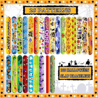 Halloween Slap Bracelets for Kids, 100 Halloween Bracelet Toys Bulk For Kids Girls Boys, Trick or Treat Party Favors, Exchanging Gifts, Classroom Prizes, Halloween Party Gift Treat Bag Filler Supply