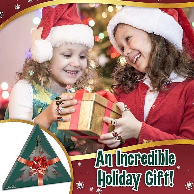 Christmas Stocking Stuffers Jewel Rings for Kids, Set of 10 Christmas-Themed Adjustable Holiday Dress-Up Rings for Girls in Christmas Tree Gift Box, Christmas Gift for Girls Age 3 4 5 6 7 8 and Up