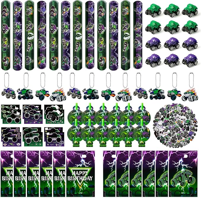 Haooryx Green Purple Monster Truck Party Favor - 122Pcs Monster Truck Slap Bracelets Sticker Blowouts Noisemakers Mini Vehicles Car Toy Keychain with Gift Bag for Kids Birthday Party Goodie Bag Supply