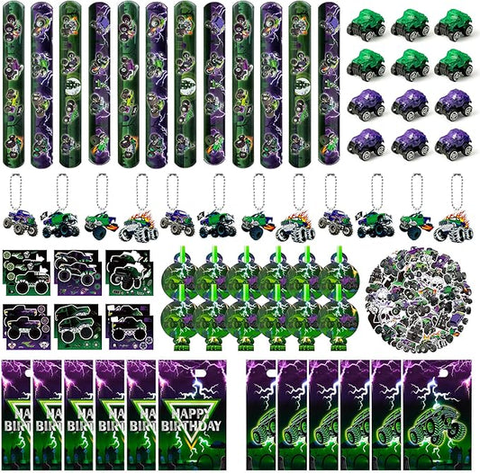 Haooryx Green Purple Monster Truck Party Favor - 122Pcs Monster Truck Slap Bracelets Sticker Blowouts Noisemakers Mini Vehicles Car Toy Keychain with Gift Bag for Kids Birthday Party Goodie Bag Supply