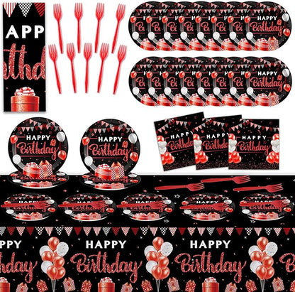 Red and Black Birthday Party Supplies Confetti Sprinkles Happy Birthday Party Tableware Includes Party Plates Napkins Fork and Red and Black Tablecloth for Birthday Parties Decorations Set Serve 20