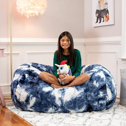Jaxx Sofa Saxx Bean Bag Couch - 4 Foot - Faux Fur, Blue & White Print