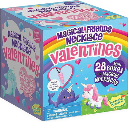 Peaceable Kingdom Valentines Cards for Kids Classroom, Set of 28 Valentines Day Gifts - Magical Friends Unicorn and Narwhal Horn Necklaces