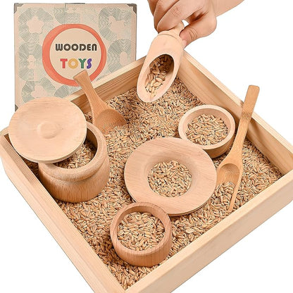 Sparkle Race Sensory Bin Tools with Wooden Box Tray Montessori Toys for Toddlers, Waldorf Toys, Wooden Scoop Dish and Tongs for Kids, Montessori Kitchen for Sensory Table Fine Motor Learning Skills