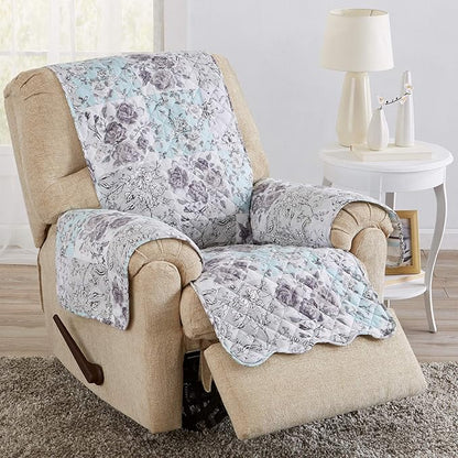 Reversible Floral Patchwork Furniture Protector Scalloped Edge Stain Resistant Printed Furniture Protector Maribel Collection (Recliner, Gray/Aqua)