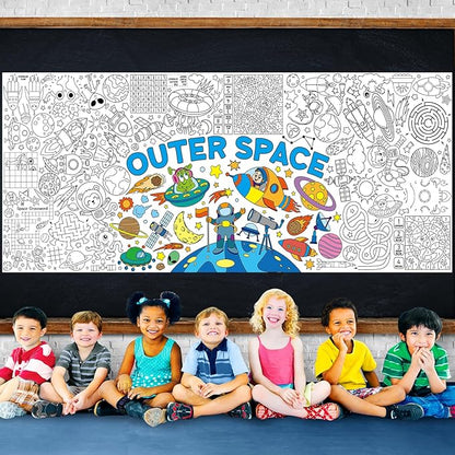 Outer Space Giant Coloring Poster for Kids 30 x 72 Inch, Space Large Coloring Poster Tablecloth, Outer Space Themed Color-in Activities Games for Kids School Classroom Home Party Supplies Decorations