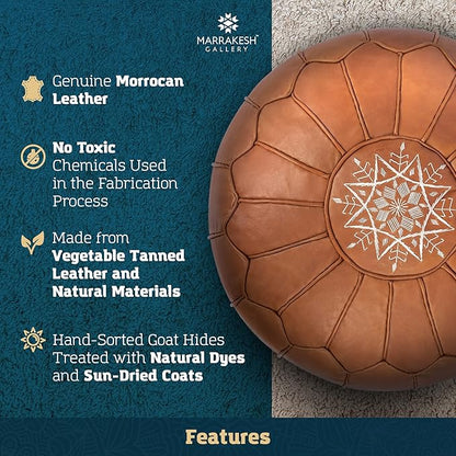 Marrakesh Gallery Genuine Leather Round Pouf Unstuffed - Moroccan Ottoman Footstool, Footrest Cover - Boho Decor - Bohemian Living Room, Bedroom, Kids Room, Gift & Wedding