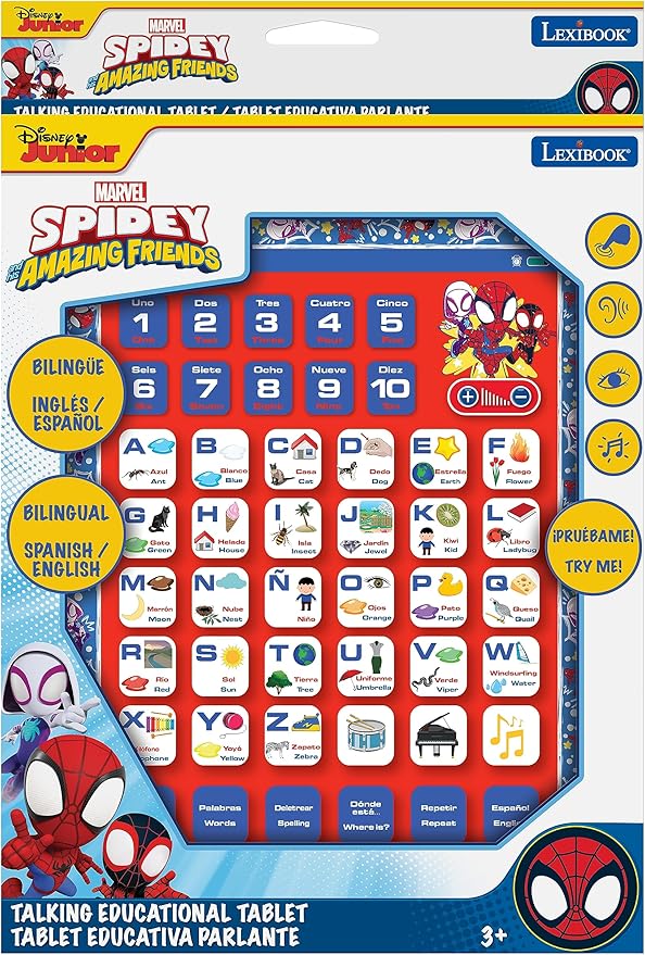 LEXiBOOK, Spidey and his Amazing Friends, Bilingual Learning Tablet - English/Spanish - Toy to Learn to Count, Vocabulary and Make Music, JCPAD002SPi2