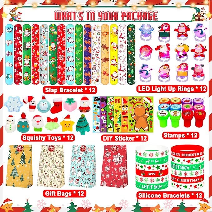 Christmas Party Favors 87 PCS Christmas Squishy Toys Slap Bracelets LED Rings Plastic Stamps Silicone Bracelets DIY Stickers Gift Bags for Kids Christmas Party Gift Exchange Goodie Bags Fillers