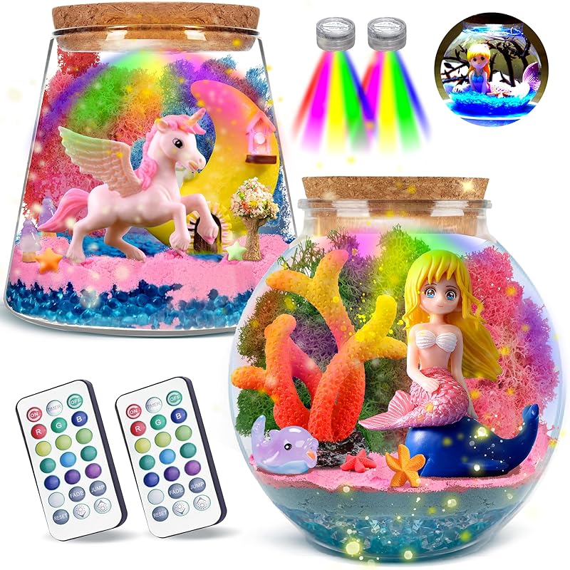 Buy 1 Get 2, Unicorn Terrarium Kit, Mermaid kit for Girls, Arts Craft Kit, Light Up Terrarium DIY Project, Toy for Ages 4-12 Kids, Remote Control LED