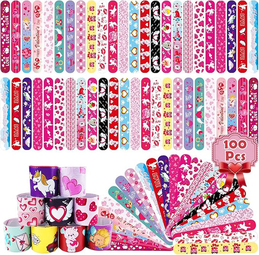 100Pcs Valentine's Day Slap Bracelets, Valentine Party Favors Snap Wristbands for Kids Exchange Gifts, Goodies Stocking Stuffers, Classroom Prizes