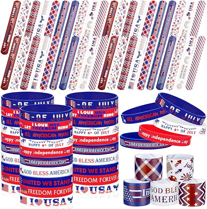 60 Pcs 4th of July Slap Bracelets and Silicone Wristband for Kids American Patriotic Party Favors Supplies Independence Day Decorations Accessories Red White Blue