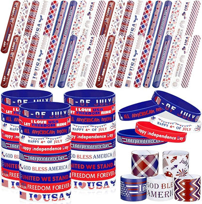 60 Pcs 4th of July Slap Bracelets and Silicone Wristband for Kids American Patriotic Party Favors Supplies Independence Day Decorations Accessories Red White Blue