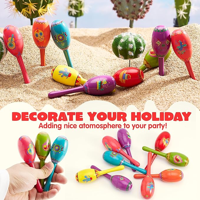 JOYIN 9 Pcs Fiesta Wooden Maracas 9 Designs Noisemaker for Cinco De Mayo Party Favors, Mexican Musical Fun, Carnivals, Taco Tuesday Event, Mexican Decorations, Luau Party