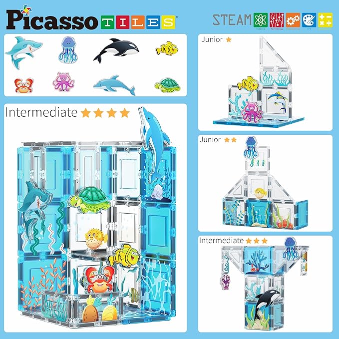 PicassoTiles Magnet Tiles Magnetic Building Blocks Aquarium Marine Animal Theme Set with 8 Character Action Figures Shark Crab Turtle STEM Toys Construction Preschool Toddlers Kids Boys Girls 3+ PTQ15