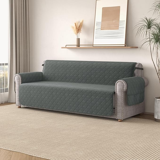 CHUN YI Couch Cover, Water Resistant Slipcover for 3 Cushion Sofa, Washable Sofa Cover with Adjustable Strap Storage Pocket for Living Room Dog Pet (Sofa, Dark Grey)