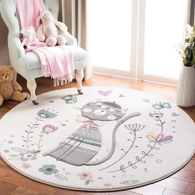 SAFAVIEH Carousel Kids Collection 4' Round Ivory/Pink CRK187A Parisian Floral Cat Non-Shedding Playroom Nursery Bedroom Area Rug