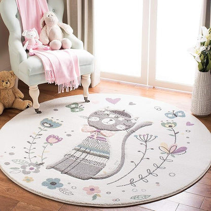 SAFAVIEH Carousel Kids Collection 4' Round Ivory/Pink CRK187A Parisian Floral Cat Non-Shedding Playroom Nursery Bedroom Area Rug