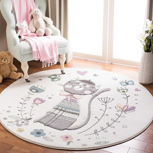 SAFAVIEH Carousel Kids Collection 6'7" Round Ivory/Pink CRK187A Cat Non-Shedding Nursery Playroom Area Rug