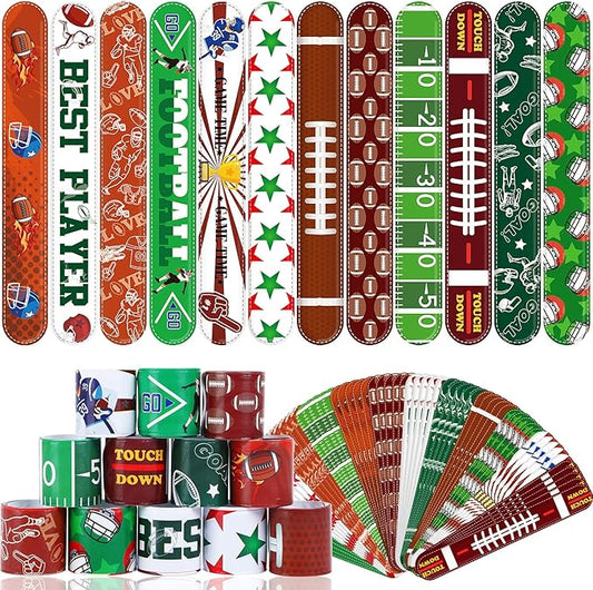 JUNEBRUSHS 56Pcs Football Party Favors Slap Bracelets, Football Sports Bracelets for Kids Sports Themed Birthday Party Supplies Decorations Snap Bracelet Wristband for Boys Gifts Classroom Prize