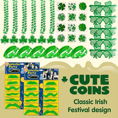JOYIN 144 PCS St. Patrick's Day Dressing-up Accessories Set Party Favor with 12 Green Shamrock Eyeglasses 12 Beaded Necklace 72 Temporary Tattoos 24 Mustache 24 bracelets