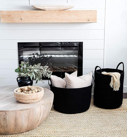 OrganiHaus Large Woven Storage Basket for Blankets and Toys 20" x 13" Inch, Rope Laundry Basket with Handles, Cushions & Pillows Storage Bin, Nursery Hamper, Soft Round Dog Toy Bin - Black