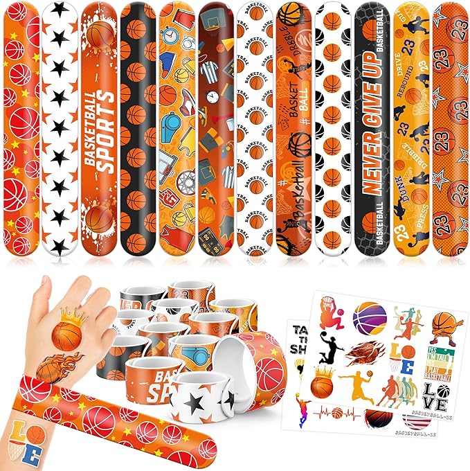 48PCS Basketball Party Favors - 24PCS Tattoos & 24PCS Slap Bracelets - Sport-Themed Birthday Supplies, Decorations, Gifts, Classroom Prizes, Carnival Rewards for Boys & Girls
