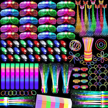 298PCS Glow in the Dark Party Supplies, 12PCS Glow Fiber Optic Wands, 20PCS LED Glasses, 8PCS Foam Glow Sticks and 200PCS Glow Sticks Bracelets, Light Up Party Favors for Wedding, Concert, Birthday