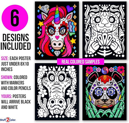 Stuff2Color Amazing Animals - 6 Pack of Fuzzy Black Velvet Coloring Posters - (Great for Kids, Adults, Group Activities) - Includes Unicorn, Panda, Cat, Otter, Gorilla, Gator (Arts and Crafts Fun)