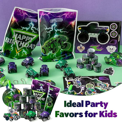 Haooryx Green Purple Monster Truck Party Favor - 122Pcs Monster Truck Slap Bracelets Sticker Blowouts Noisemakers Mini Vehicles Car Toy Keychain with Gift Bag for Kids Birthday Party Goodie Bag Supply