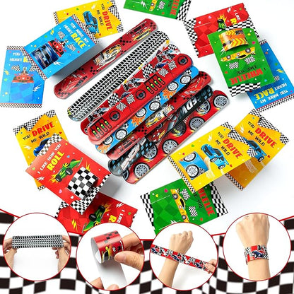 ANGOLIO 28 PCS Valentine's Day Race Cars Slap Bracelet with Gift Cards for School Greeting Gifts Exchange Valentine's Day Race Car Toys Set Classroom Prize Goodies Bag