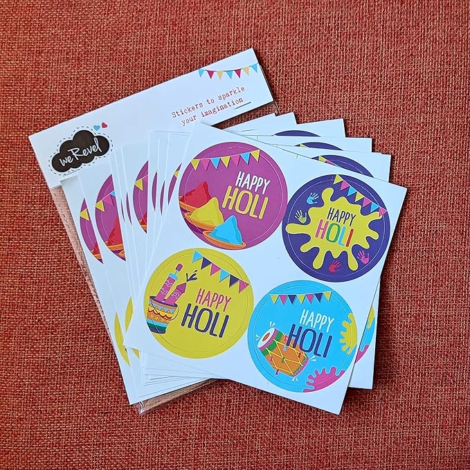 Happy Holi Stickers, 40 Pieces, 2 inches, Round, 4 Unique Designs
