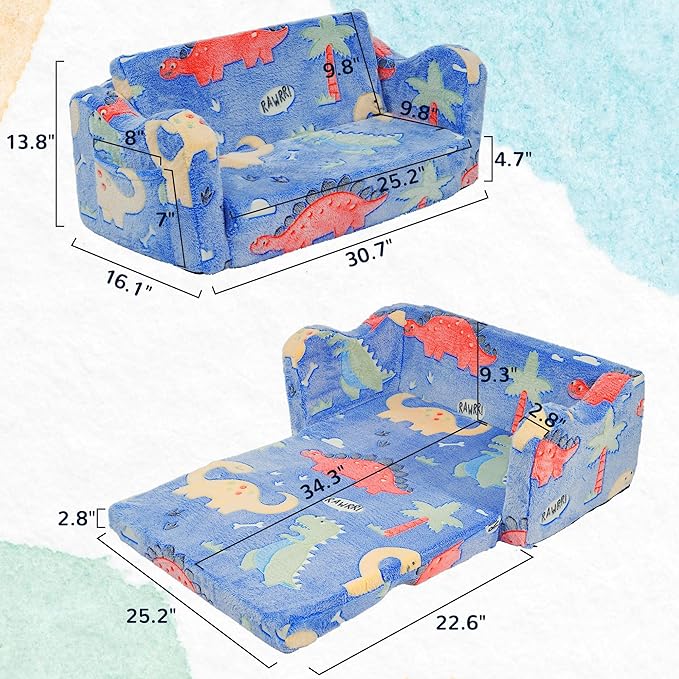 Elevon 2 in 1 Wider Toddler Couch, Flip Open Soft Sofa Bed, Glow in The Dark Flannel Baby Couch, 2-Seat Kids Chair Convertible Couch Easy Fold & Unfold, Baby Recliner Sofa for Girls and Boys