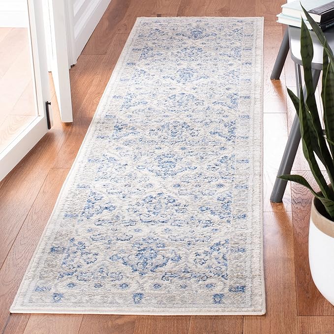 SAFAVIEH Brentwood Collection 2' x 8' Ivory/Blue BNT870A Oriental Damask Trellis Non-Shedding Living Room Entryway Foyer Hallway Bedroom Runner Rug