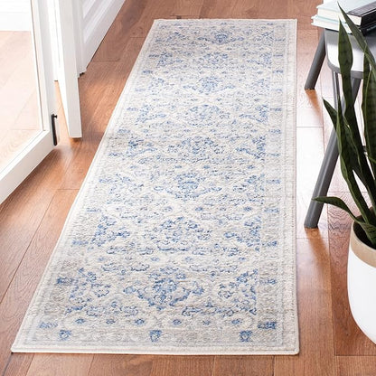 SAFAVIEH Brentwood Collection 2' x 8' Ivory/Blue BNT870A Oriental Damask Trellis Non-Shedding Living Room Entryway Foyer Hallway Bedroom Runner Rug